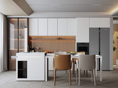 Modern Restaurant Interior With White Cabinets Island Counter And Dining Table Chairs 3d model