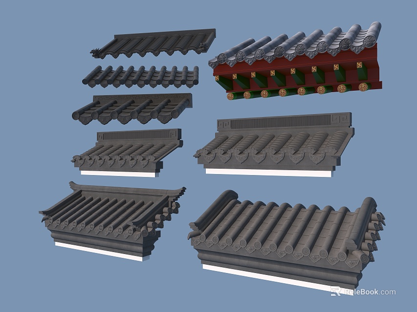 Traditional Chinese Roof Components Various Styles With Gray Tiles And Eave Architectural Designs 3d model 