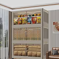 Multi Tiered Storage Cabinet With Snacks Bamboo Drawers And Folded Fabrics In Bright Room