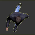Man Walking in Dark Blue Puffer Jacket Blue Jeans and Black Shoes on Gray Background