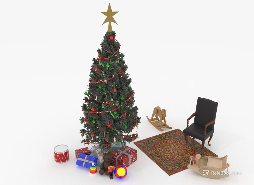 Christmas Tree With Star On Top Decorated With Ornaments Gifts Rocking Horse Chair And Rug 3d model 
