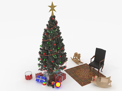 Christmas Tree With Star On Top Decorated With Ornaments Gifts Rocking Horse Chair And Rug 3d model
