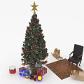 Christmas Tree With Star On Top Decorated With Ornaments Gifts Rocking Horse Chair And Rug