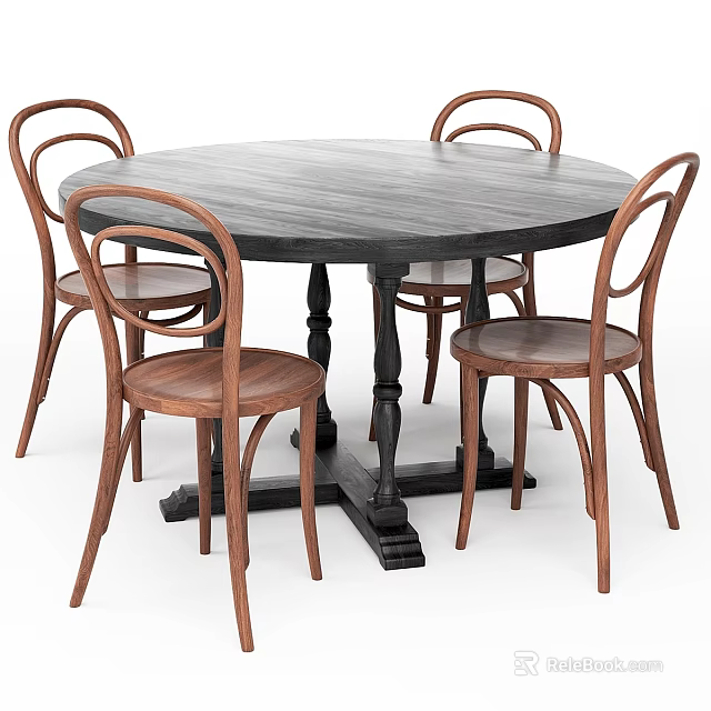 Classic Round Wooden Table with Curved Back Brown Chairs Dining Set 3d model