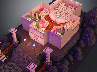 Cartoon Ancient Temple Scene With Pink Building Columns Stairs And Rocky Surroundings Lit By Lights 3d model