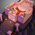 Cartoon Ancient Temple Scene With Pink Building Columns Stairs And Rocky Surroundings Lit By Lights