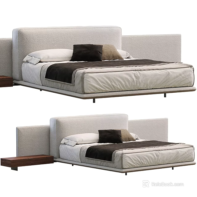 Modern Upholstered Double Bed Design With Soft Pillows And Wooden Side Table 3d model 
