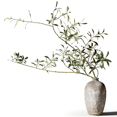 Natural Green Leaf Branches with Small White Flowers in Gray Stoneware Vase for Minimalist Decor 3d model