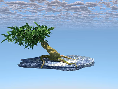 Artistic Bonsai Plant with Exposed Roots and Green Leaves on Rock Base Against Blue Sky 3d model