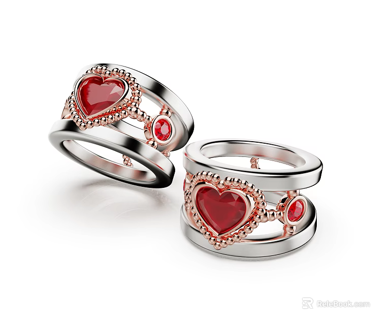 Elegant Silver Rings With Red Heart Gemstone And Rose Gold Detailed Design 3d model 
