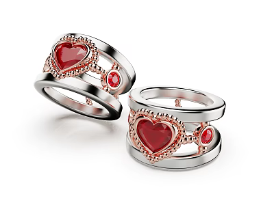 Elegant Silver Rings With Red Heart Gemstone And Rose Gold Detailed Design 3d model