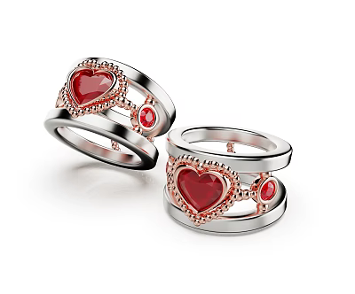Elegant Silver Rings With Red Heart Gemstone And Rose Gold Detailed Design 3d model Elegant Silver Rings With Red Heart Gemstone And Rose Gold Detailed Design 3d model