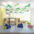 Kids Indoor Fitness Play Area With Slide Bean Bags And Green Leaf Ceiling Decor