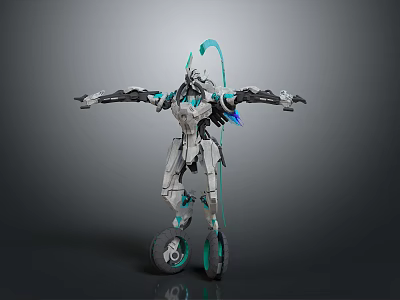 Futuristic Mechanical Robot With White Gray And Teal Accents On Hover Wheels 3d model