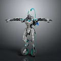 Futuristic Mechanical Robot With White Gray And Teal Accents On Hover Wheels