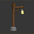 Wooden Street Lamp Furniture With Hanging Yellow Lantern And Concrete Base