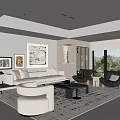 Modern Living Room Interior With Beige Sofa Armchairs Area Rug Artwork And Large Windows