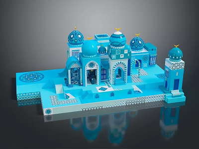 Blue Architectural Structure with Multiple Domes Minarets and White Detailed Arches on Reflective Base 3d model