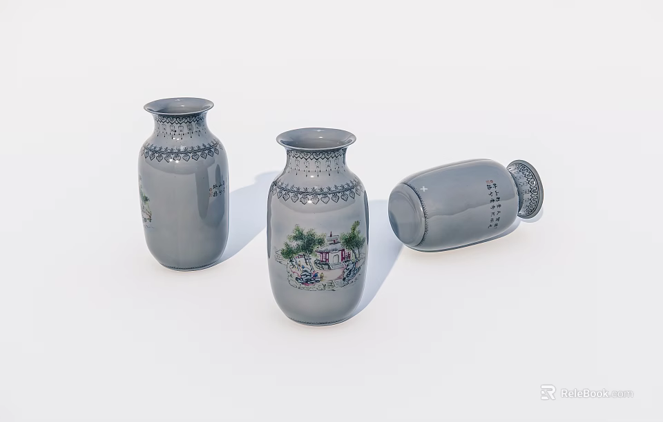 Gray Ceramic Vases With Hand Painted Landscape Designs And Decorative Patterns 3d model 