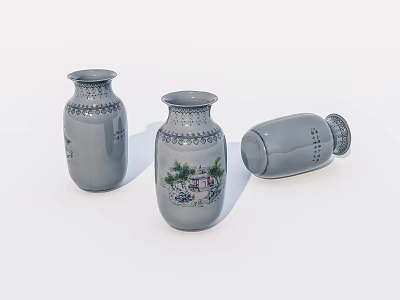 Gray Ceramic Vases With Hand Painted Landscape Designs And Decorative Patterns 3d model