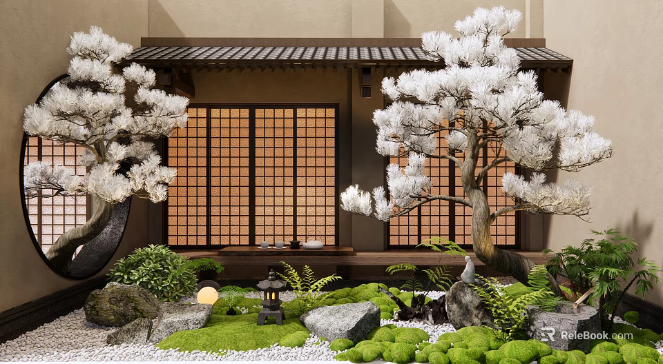 Japanese Style Garden Courtyard With White Trees Wooden Lattice Doors And Moss Covered Stones 3d model 