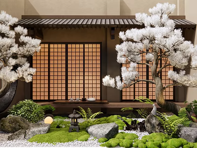 Japanese Style Garden Courtyard With White Trees Wooden Lattice Doors And Moss Covered Stones 3d model