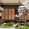 Japanese Style Garden Courtyard With White Trees Wooden Lattice Doors And Moss Covered Stones
