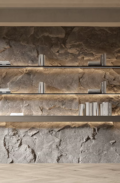 Modern Interior Rock Texture Wall With Layered Shelves Books Decorations And Built In Lighting 3d model