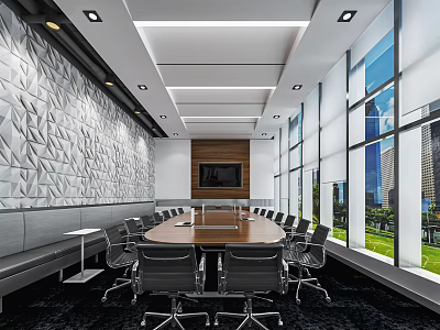 Spacious Conference Room With Wooden Table Chairs Large Windows City Green View And Geometric Wall 3d model