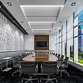 Spacious Conference Room With Wooden Table Chairs Large Windows City Green View And Geometric Wall