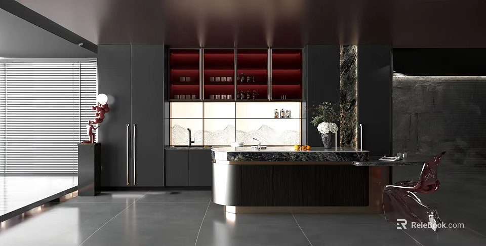 Sleek Modern Kitchen Appliances With Black Cabinets Red Shelves And Marble Island Countertop 3d model 