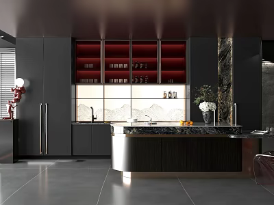 Sleek Modern Kitchen Appliances With Black Cabinets Red Shelves And Marble Island Countertop 3d model
