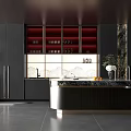 Sleek Modern Kitchen Appliances With Black Cabinets Red Shelves And Marble Island Countertop