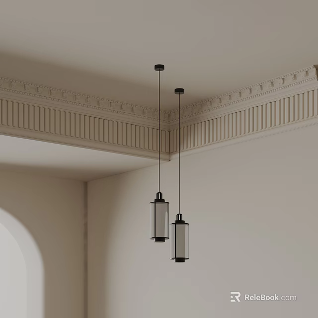 Modern Pendant Lights With Black Frame And Glass Shade In Interior With Decorative Ceiling Molding 3d model 