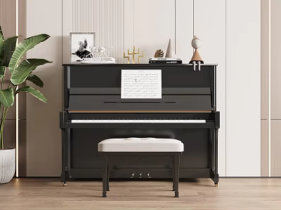 Black Upright Piano With Music Sheet Art Supplies And Green Plant In Modern Interior 3d model