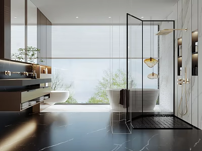 Modern Bathroom Interior With Marble Floor Freestanding Bathtub Glass Shower And Double Vanity 3d model