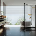 Modern Bathroom Interior With Marble Floor Freestanding Bathtub Glass Shower And Double Vanity
