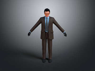 Man In Brown Suit With Striped Tie Glasses And Black Gloves Arms Outstretched Gray Background 3d model