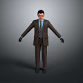 Man In Brown Suit With Striped Tie Glasses And Black Gloves Arms Outstretched Gray Background