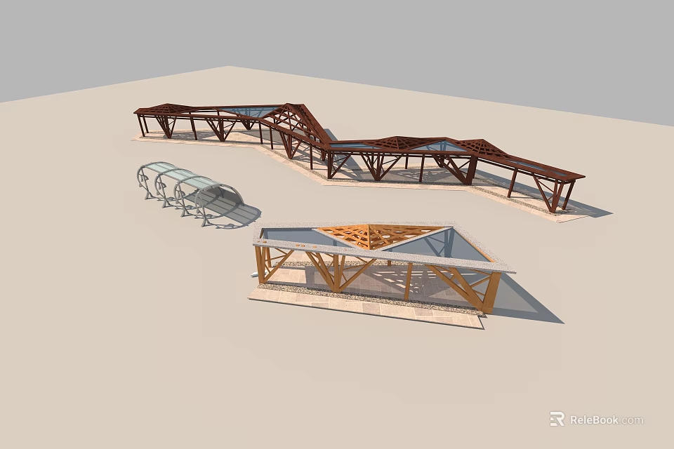 Creative Wooden Pergola Structures Featuring Curved And Triangular Geometric Architectural Designs 3d model