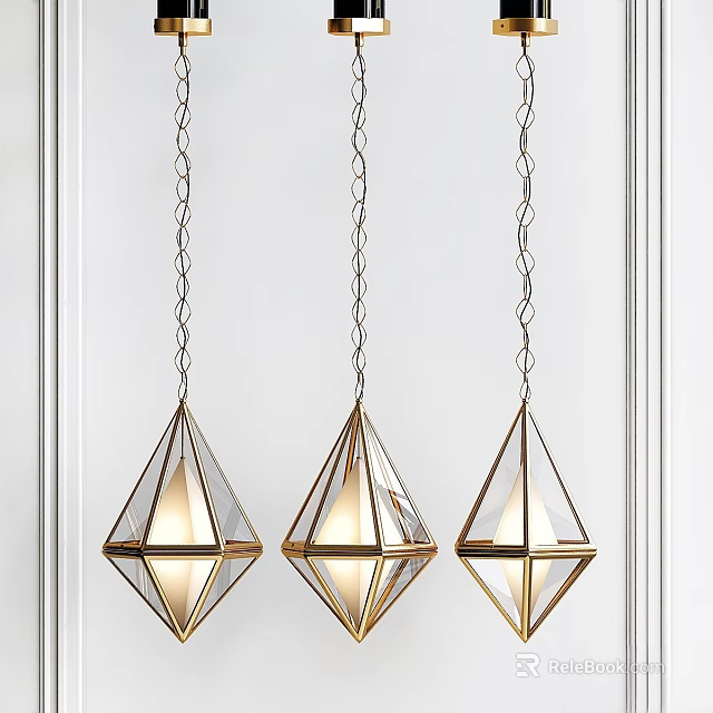 Three Geometric Gold Frame Pendant Lights With Glass Shades Hanging On Chains For Modern Interior 3d model 
