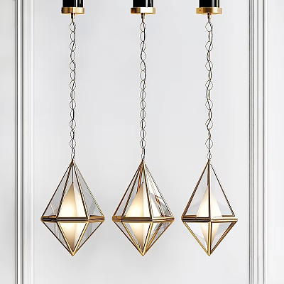 Three Geometric Gold Frame Pendant Lights With Glass Shades Hanging On Chains For Modern Interior 3d model