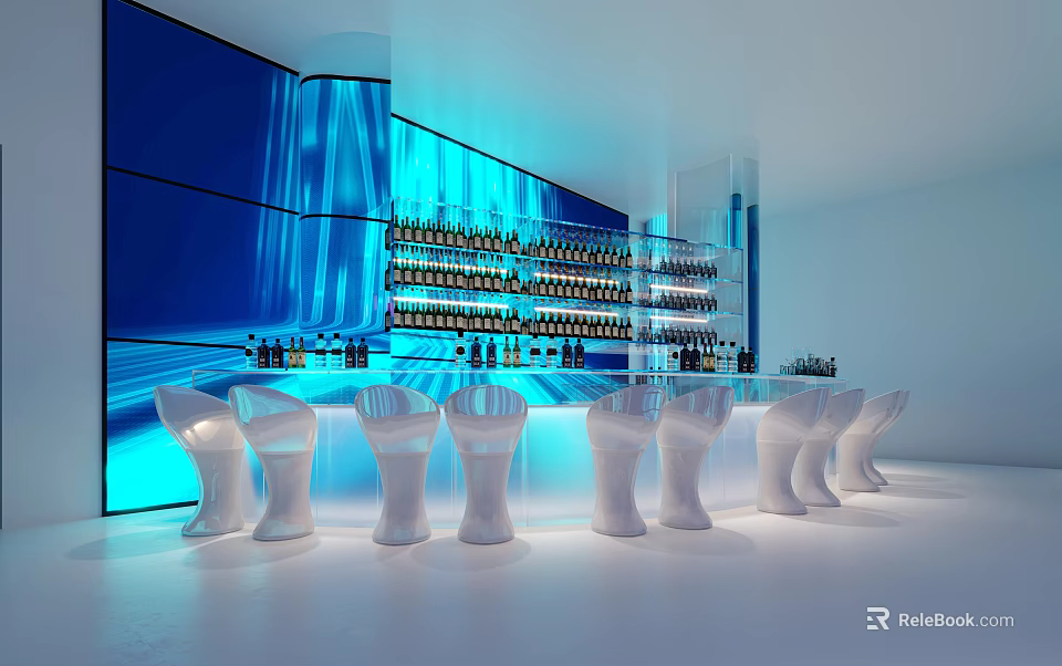 Modern Bar Interior Design With Blue Lighting Glass Bottle Shelves And White Bar Stools 3d model 