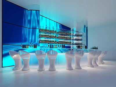 Modern Bar Interior Design With Blue Lighting Glass Bottle Shelves And White Bar Stools 3d model