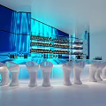 Modern Bar Interior Design With Blue Lighting Glass Bottle Shelves And White Bar Stools