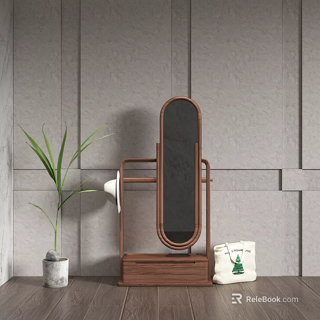 Minimalist Modern Wooden Storage Shelf With Oval Mirror Green Plant And Decorative Bag 3d model 