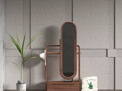 Minimalist Modern Wooden Storage Shelf With Oval Mirror Green Plant And Decorative Bag 3d model