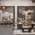 Chinese Style Interior Design Featuring Living Dining Area Wooden Furniture Pendant Lights And Landscape Painting