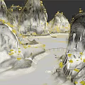 Traditional Chinese Ink Landscape Scene With Tall Mountains Scattered Trees Stone Bridge And Flowing River