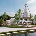 Popular Photo Check-in Spot With Nighttime Illuminated Pavilions Water Features And Greenery